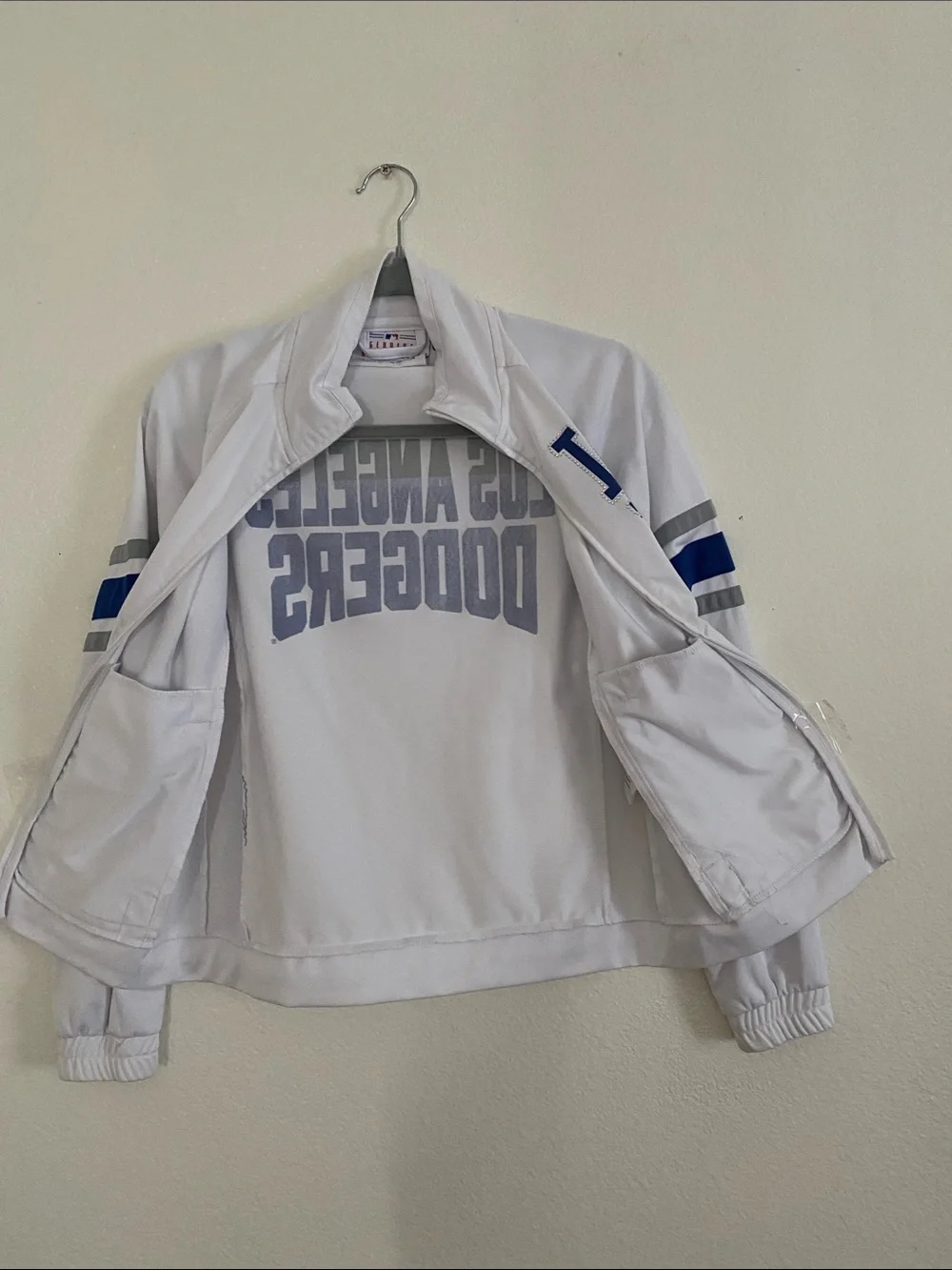 LOS ANGELES DOCKERS Logo White Varsity Jacket with Blue & Gray Stripes. Size XS